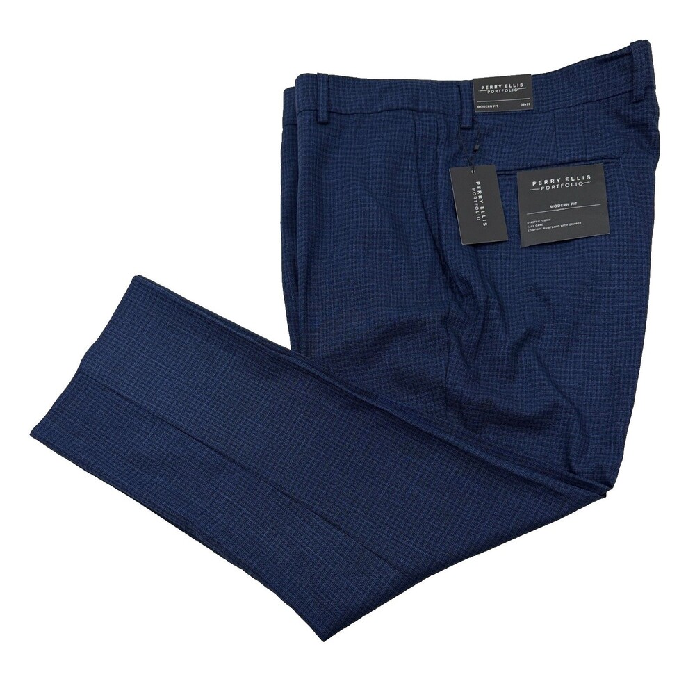 $95 NEW PERRY ELLIS PORTFOLIO Mens 38x29 Navy/Black Check Dress Pants/Slacks